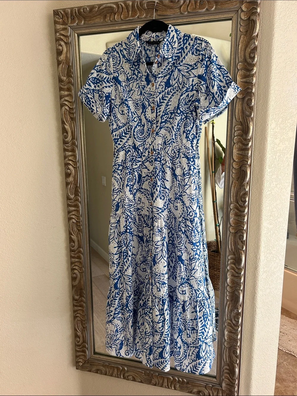 Zara White and Blue Paisley Midi Dress
